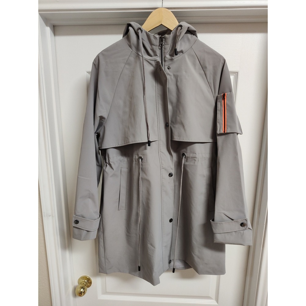 Orolay Womens Gray Hooded Utility Raincoat Trench Jacket Size L Adjustable Waist